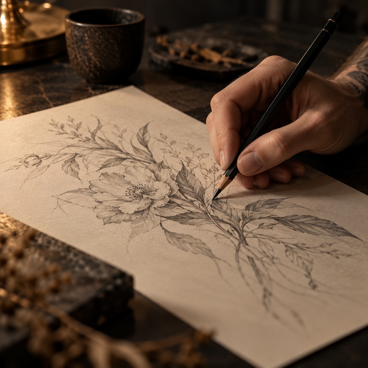 Eine Hand zeichnet mit einem Bleistift einen botanischen Tattoo-Entwurf im warmen Licht