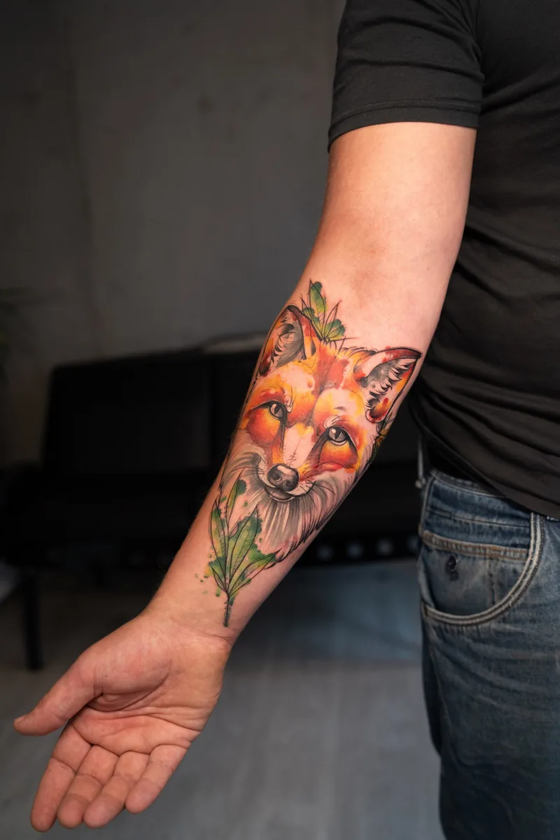 Farbiges Fuchs-Tattoo mit Blüten am Unterarm