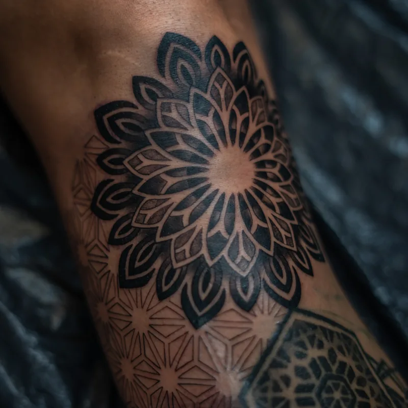 Mandala-Tattoo mit geometrischen Mustern am Bein